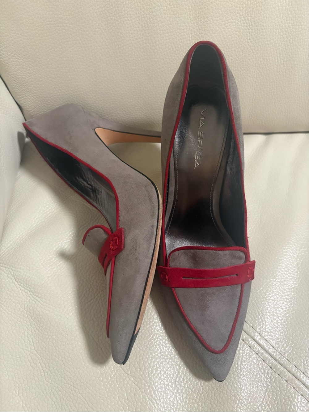 Via Spiga Gray Suede Pointed Pumps with Red Trim and Strap